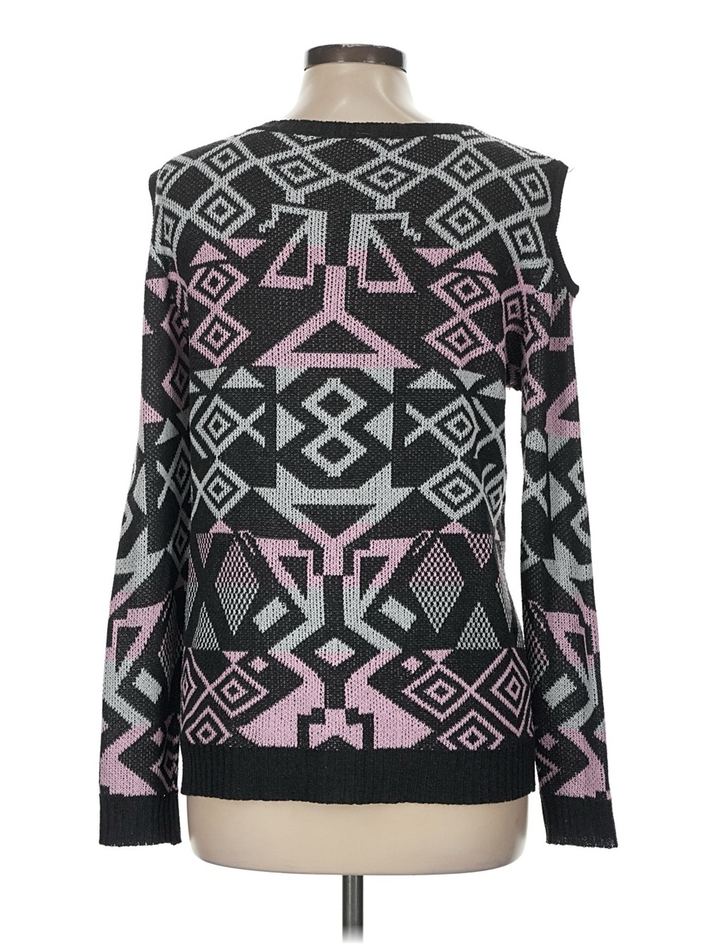Women's vintage Black & Pink Geometric Cold-Shoulder Sweater - Picture 5 of 8